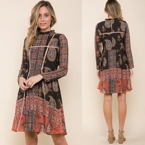 Anthropologie Raga Sunset Glow High Neck Long sleeve Paisley Mini A-line Dress